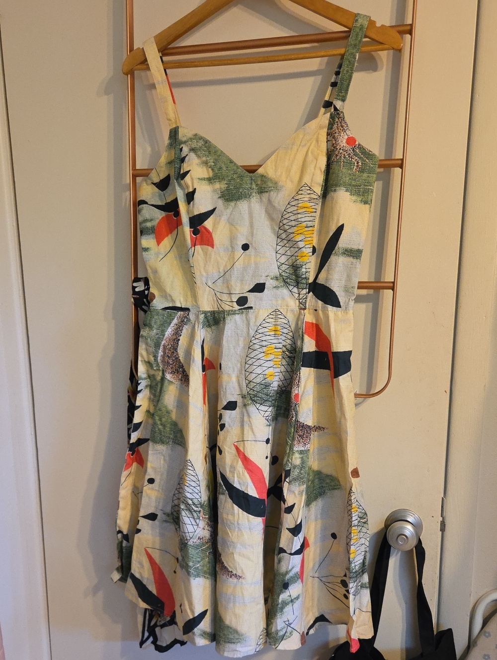 Bernie Dexter Sleeveless Mid Century Modern Print Sundress in Yellow Green Red